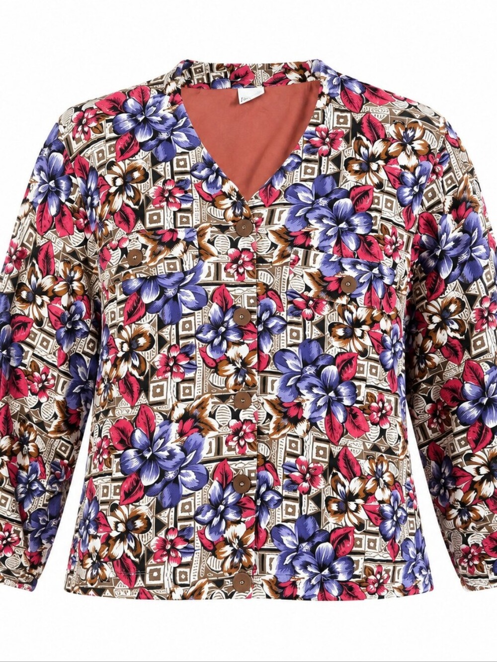 Koret Plus Vintage Pink Brown Floral Geometric Button-Front Light Jacket 18W